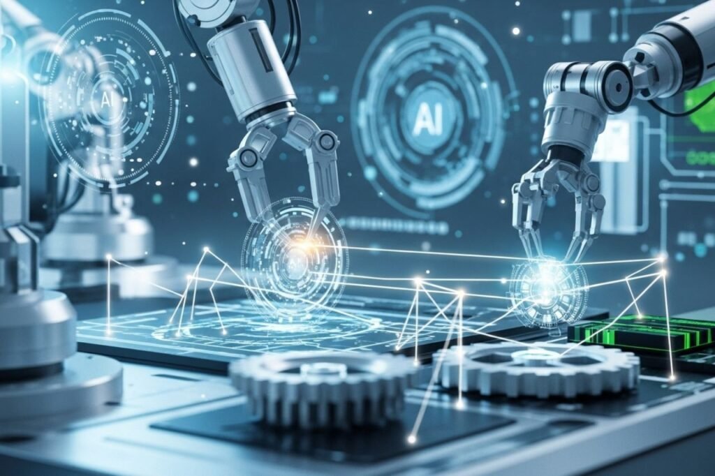 A modern factory scene featuring robots working on assembly lines, highlighting automation in manufacturing processes.