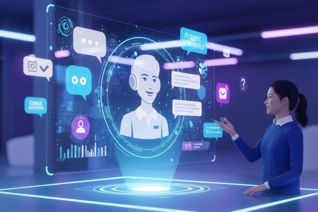 A woman engages with a virtual interface, interacting with multiple people in a digital environment.