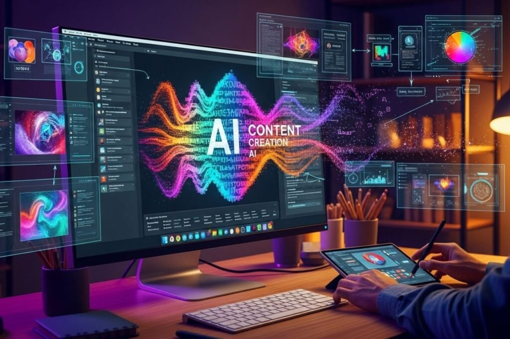 A person engaged with a computer, featuring AI-related visuals on the display.