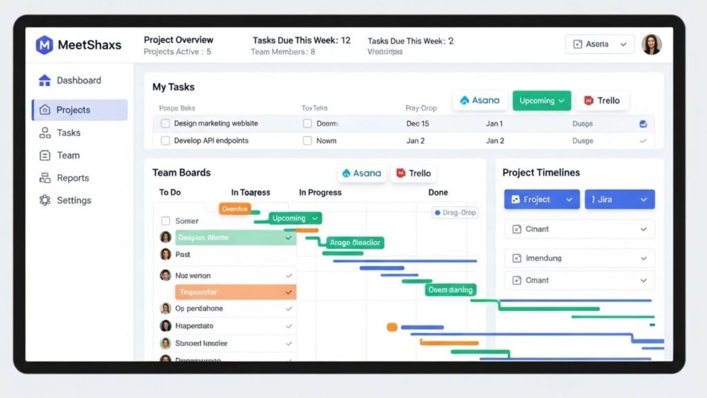 A project management dashboard on a laptop screen, featuring charts, task assignments, and project timelines. meetshaxs