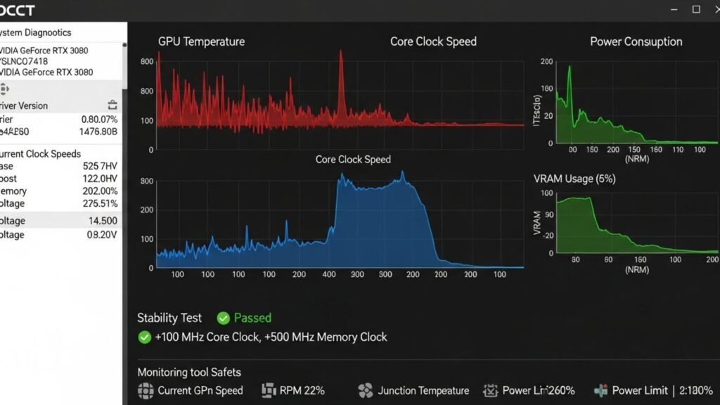 Computer dashboard displaying various graphs and data visualizations for analysis and monitoring. occt